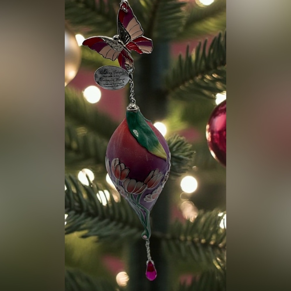 Ceramic Purple Pink Christmas Ornament Butterfly Blushing Tulips Victorian Style - Picture 15 of 15